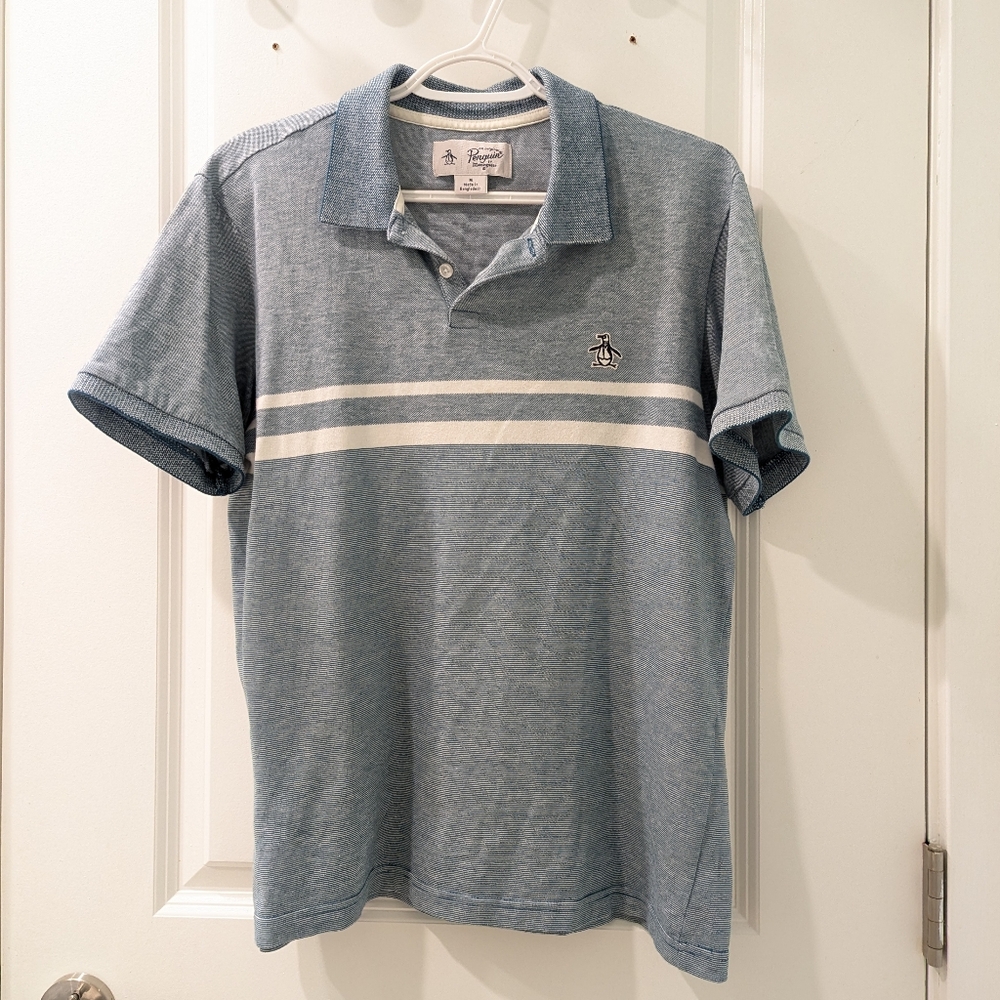 Original Penguin Men's Light Blue Polo with White Stripes